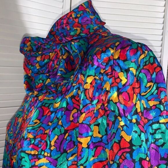 Vintage Colorful Abstract Satin Button Down Bow Tie Blouse Large - Picture 10 of 16